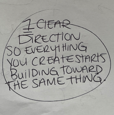 Handwritten note: one clear direction so everything you create starts building toward the same thing.