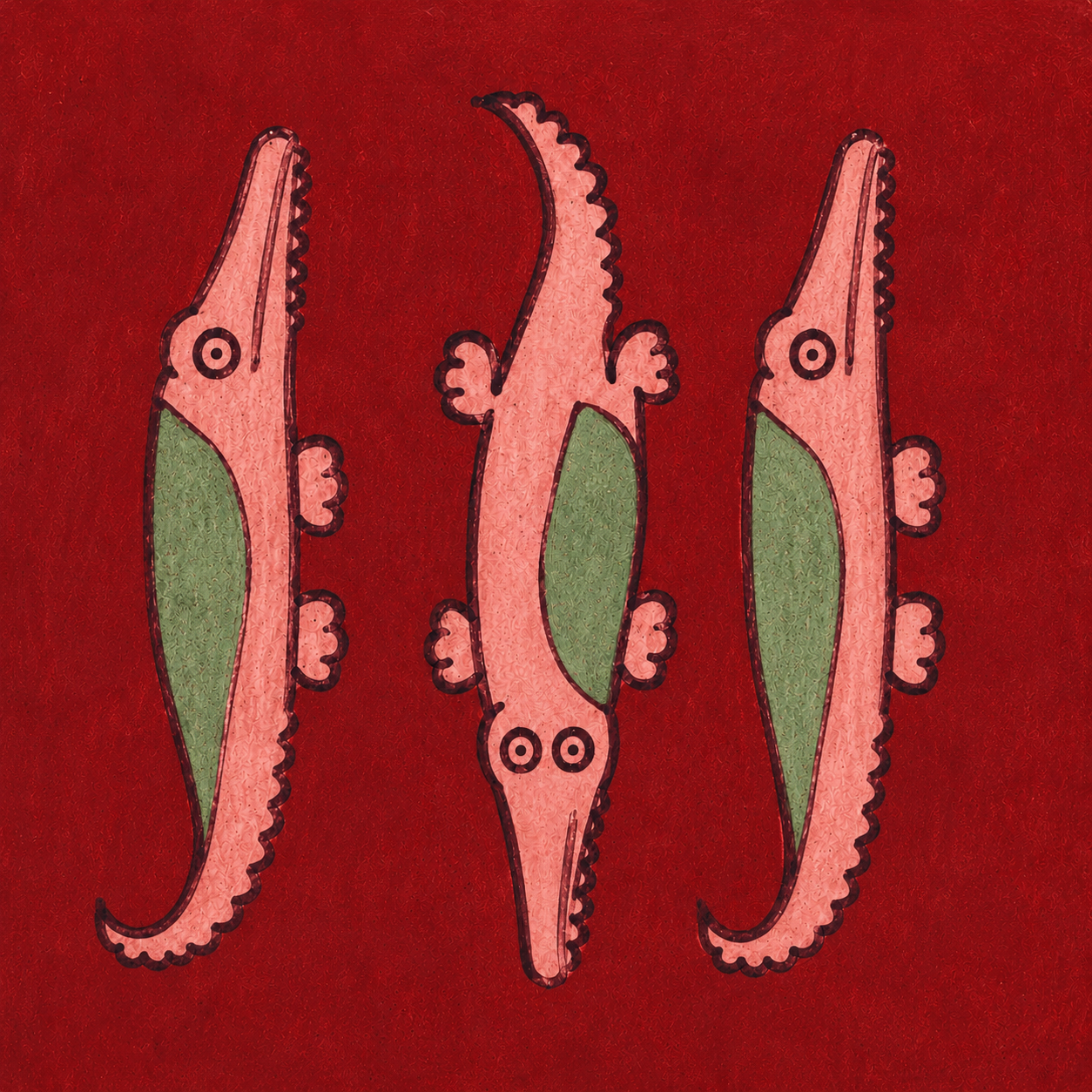 Three pink and green folkloric crocodile creatures on a red background.
