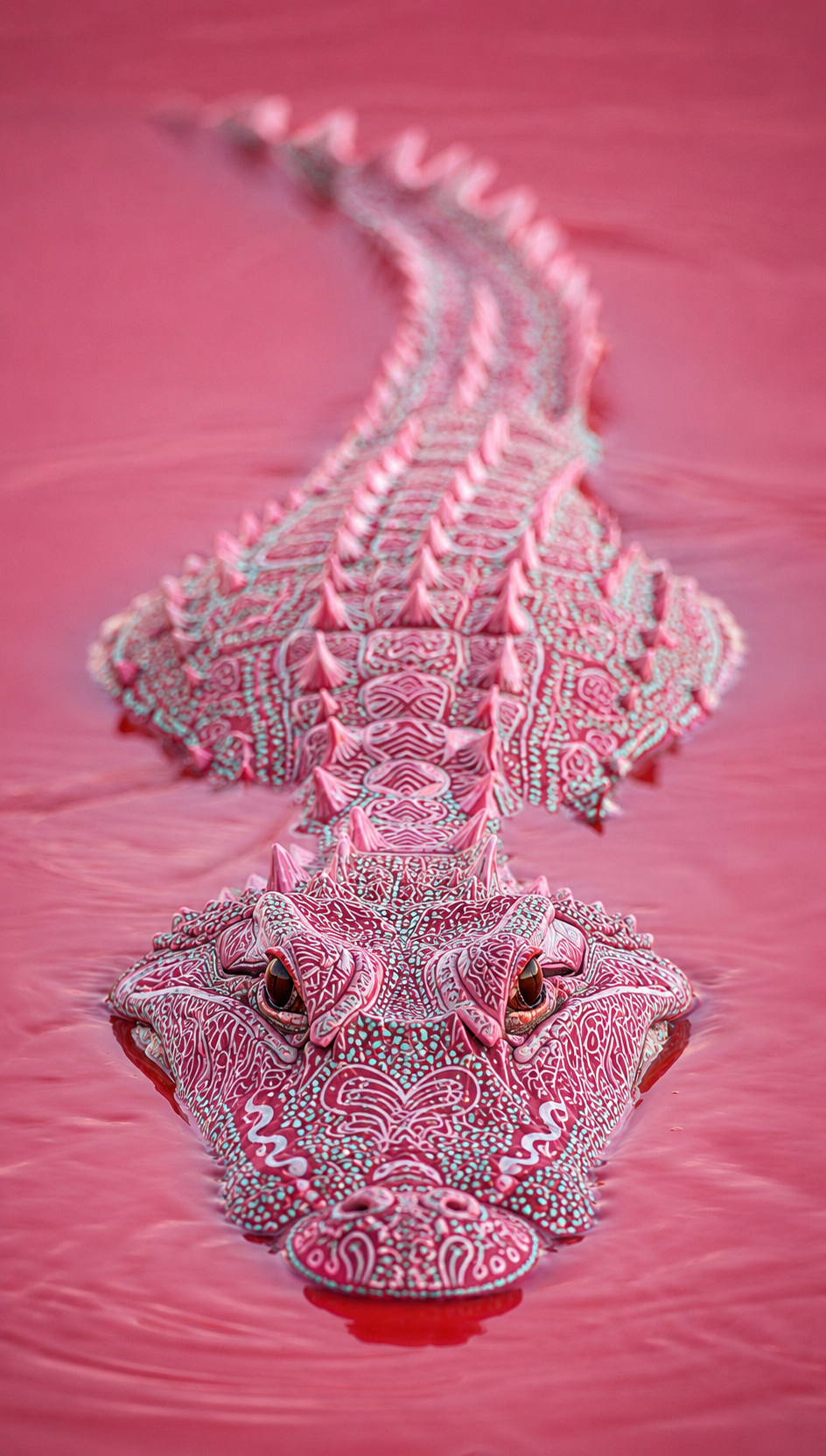 A pink and turquoise crocodile emerging from red water.