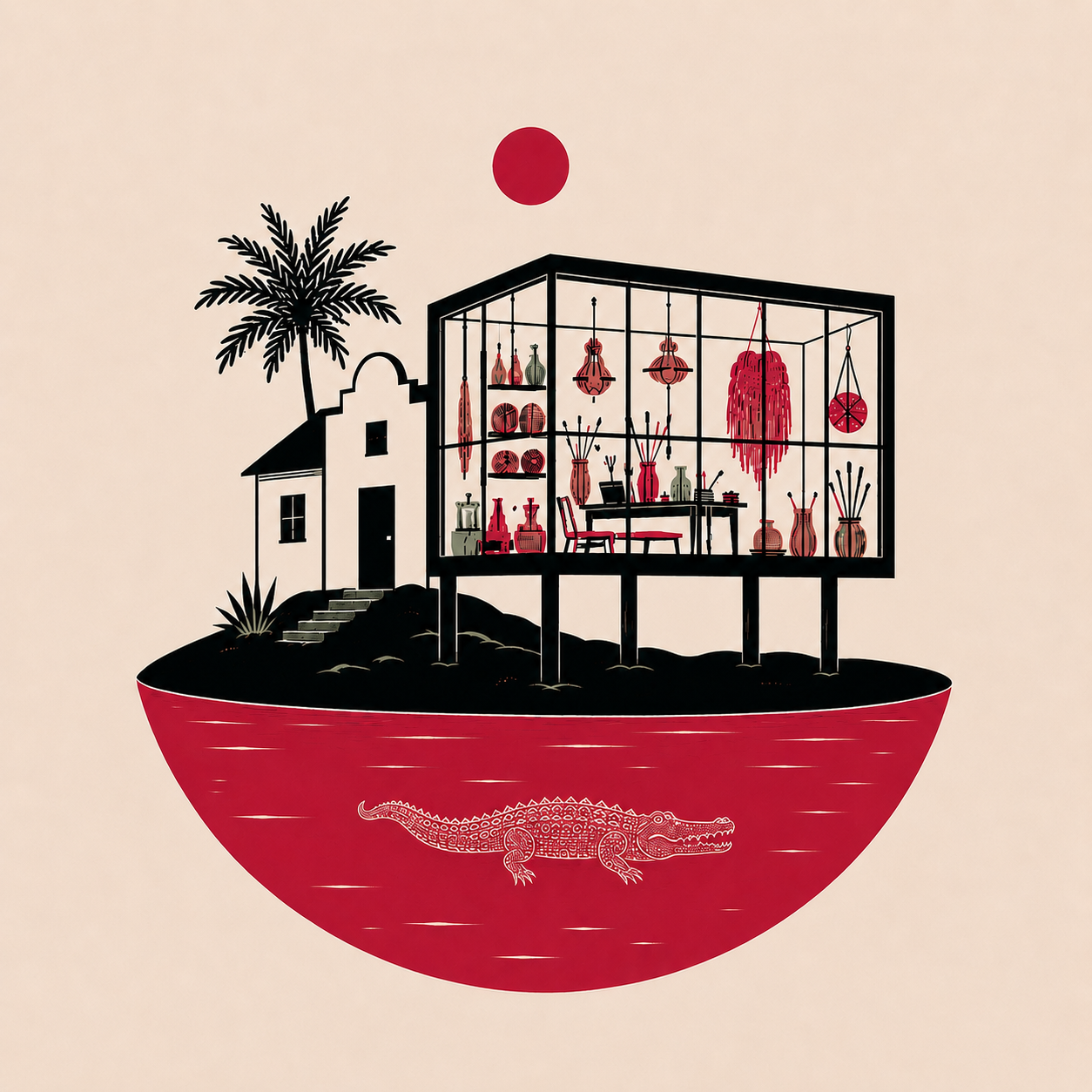 Illustration of a glass house on stilts above red water with a crocodile below.
