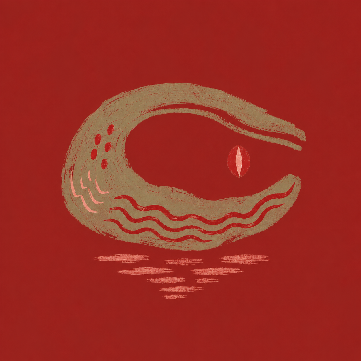 Painted crocodile symbol floating over red water.