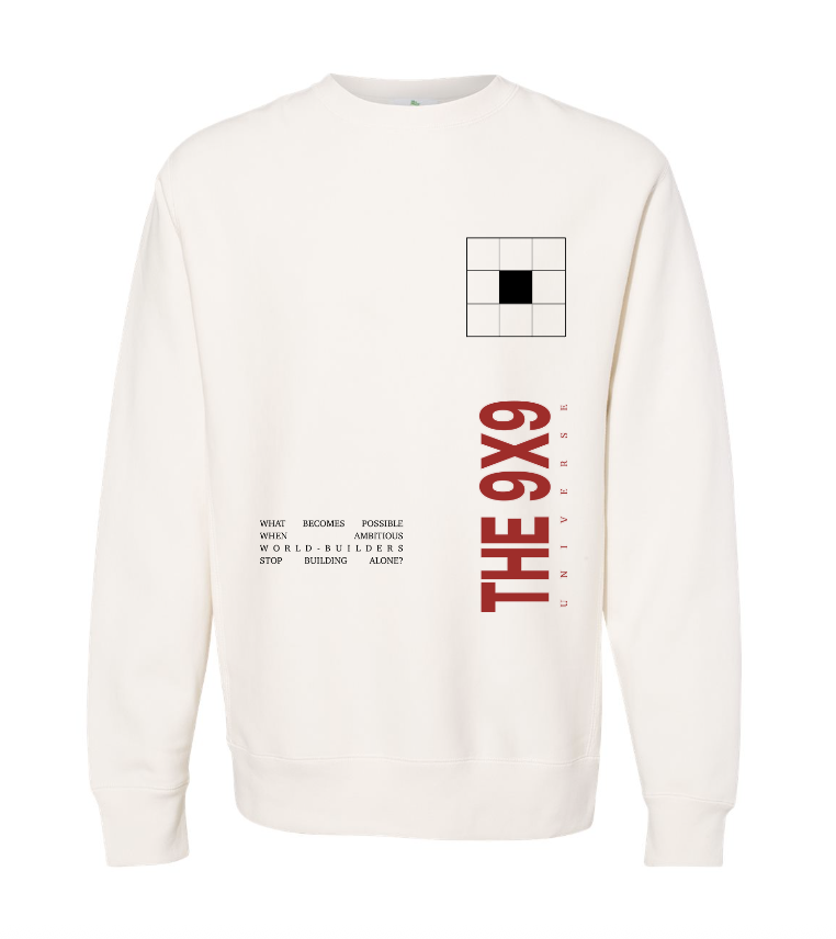 Front of the cream Founding Citizen crewneck with The 9x9 Universe graphics.