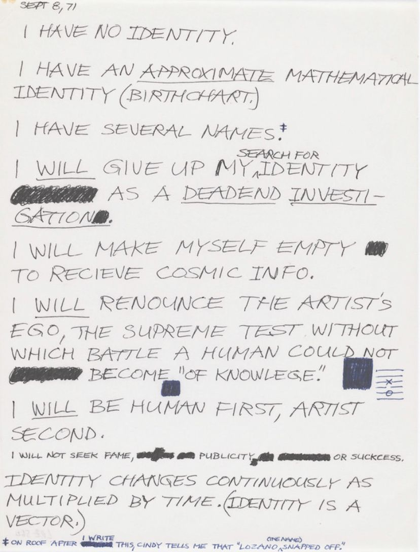 Handwritten notes about identity, cosmic information, and becoming knowledge.