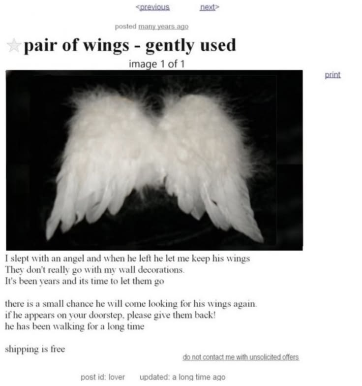 An old classified listing offering a pair of gently used angel wings.