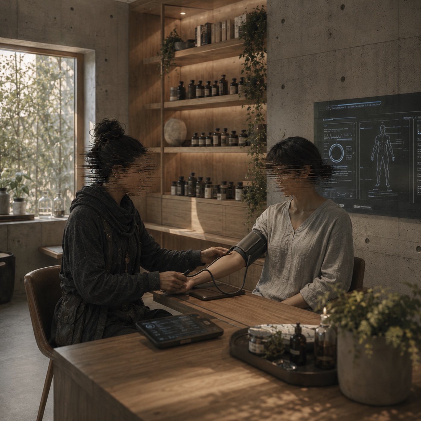 A Station practitioner taking a community member’s blood pressure in a plant-filled clinic.