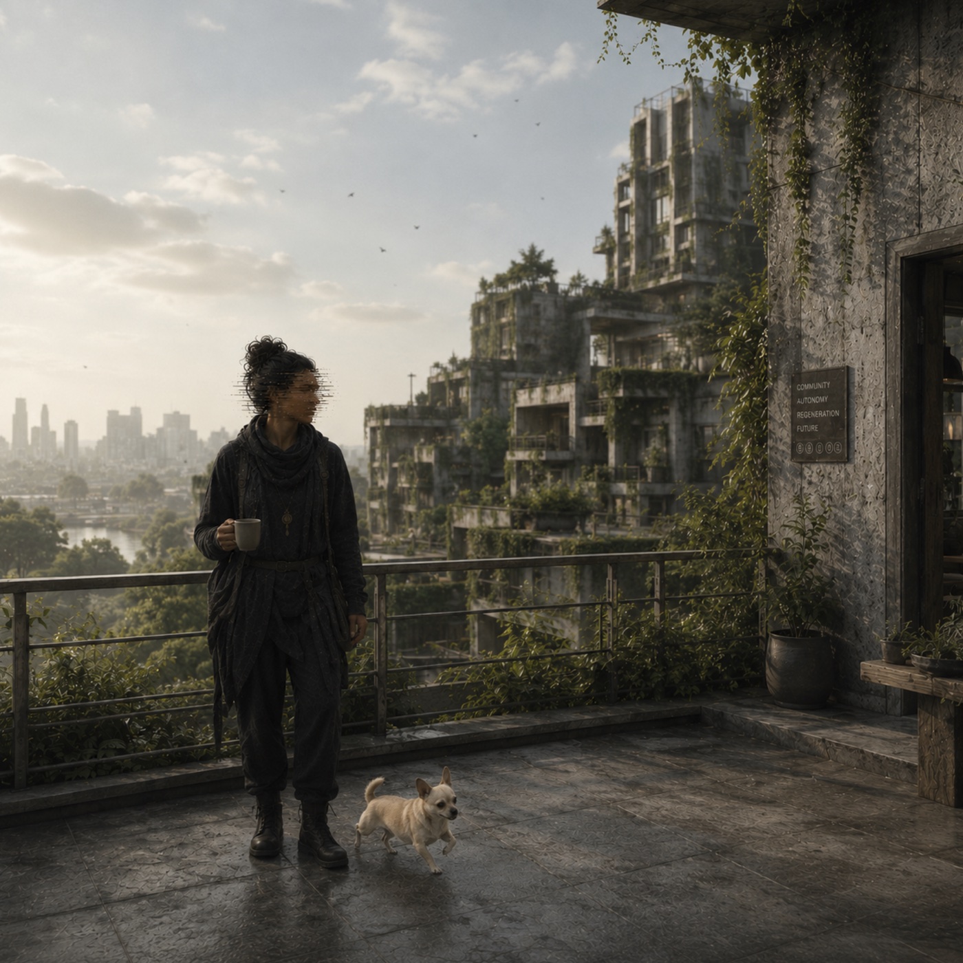 A Station member and a small dog overlooking a green, community-rooted city.