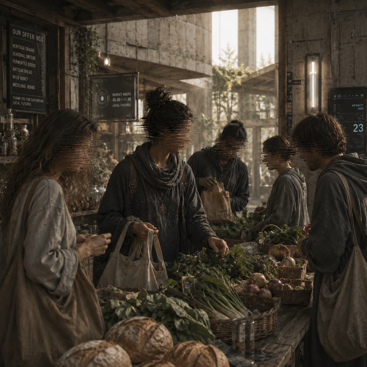 Station members exchanging local produce and bread at a community market.