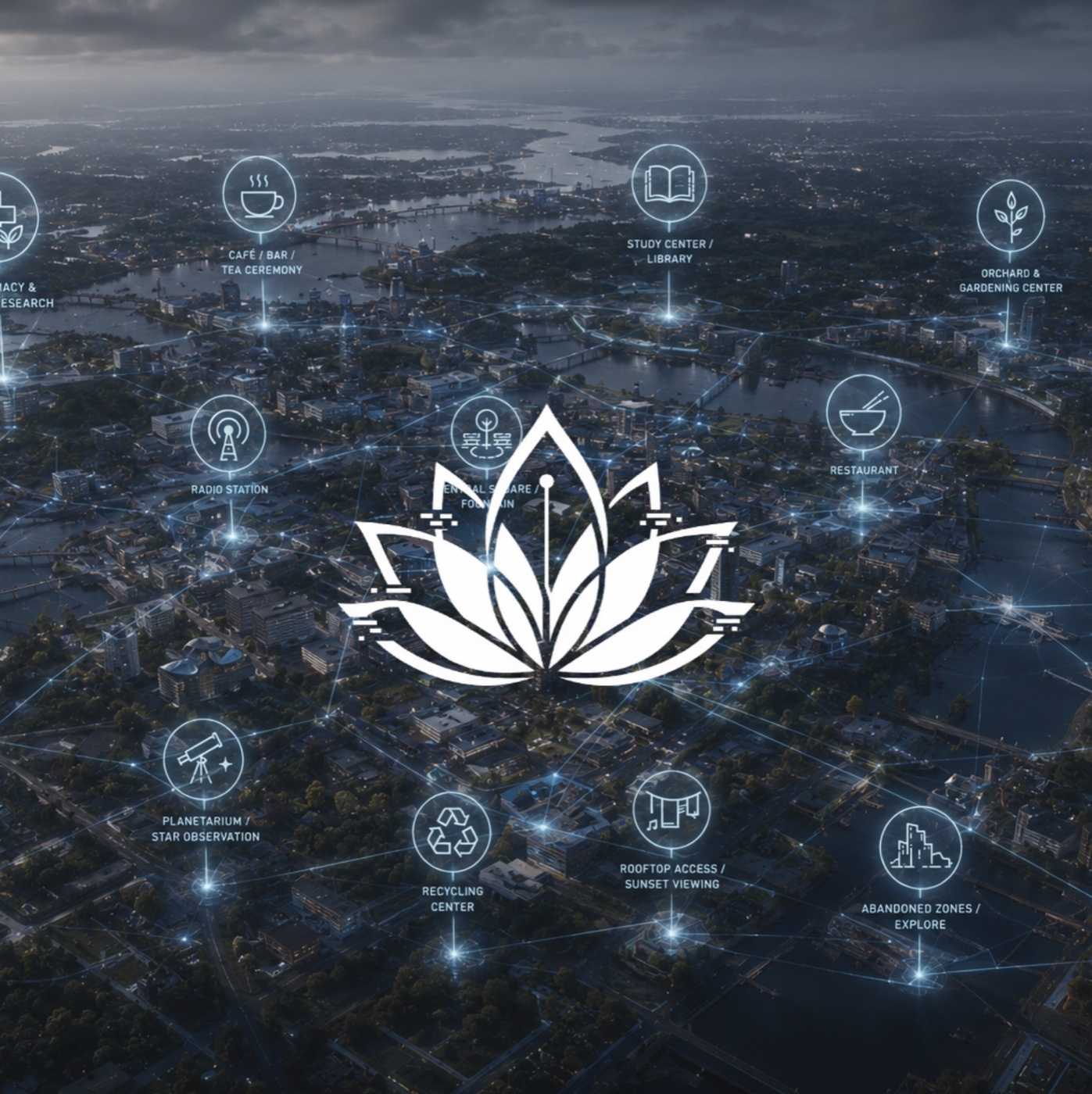 An aerial map of a connected city research network surrounding the Techno-Alchemist symbol.