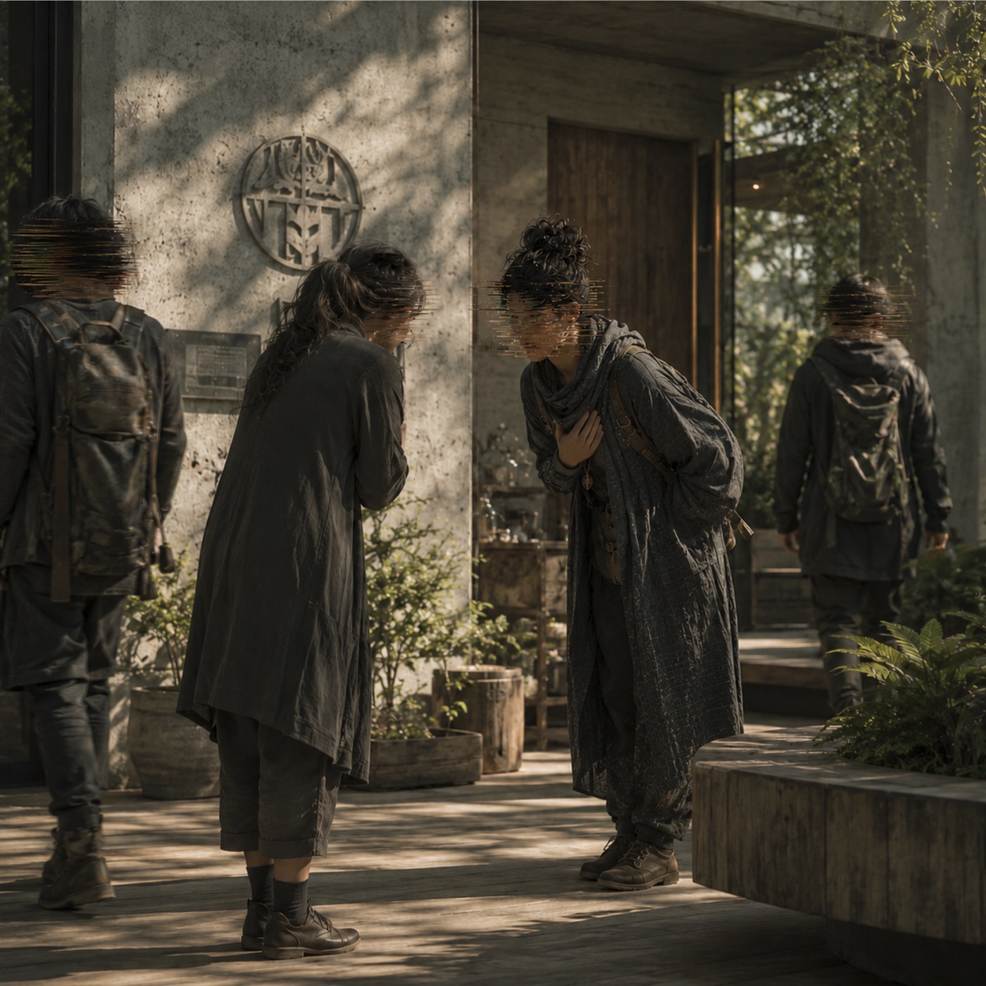 Station members greeting one another in a sunlit community courtyard.