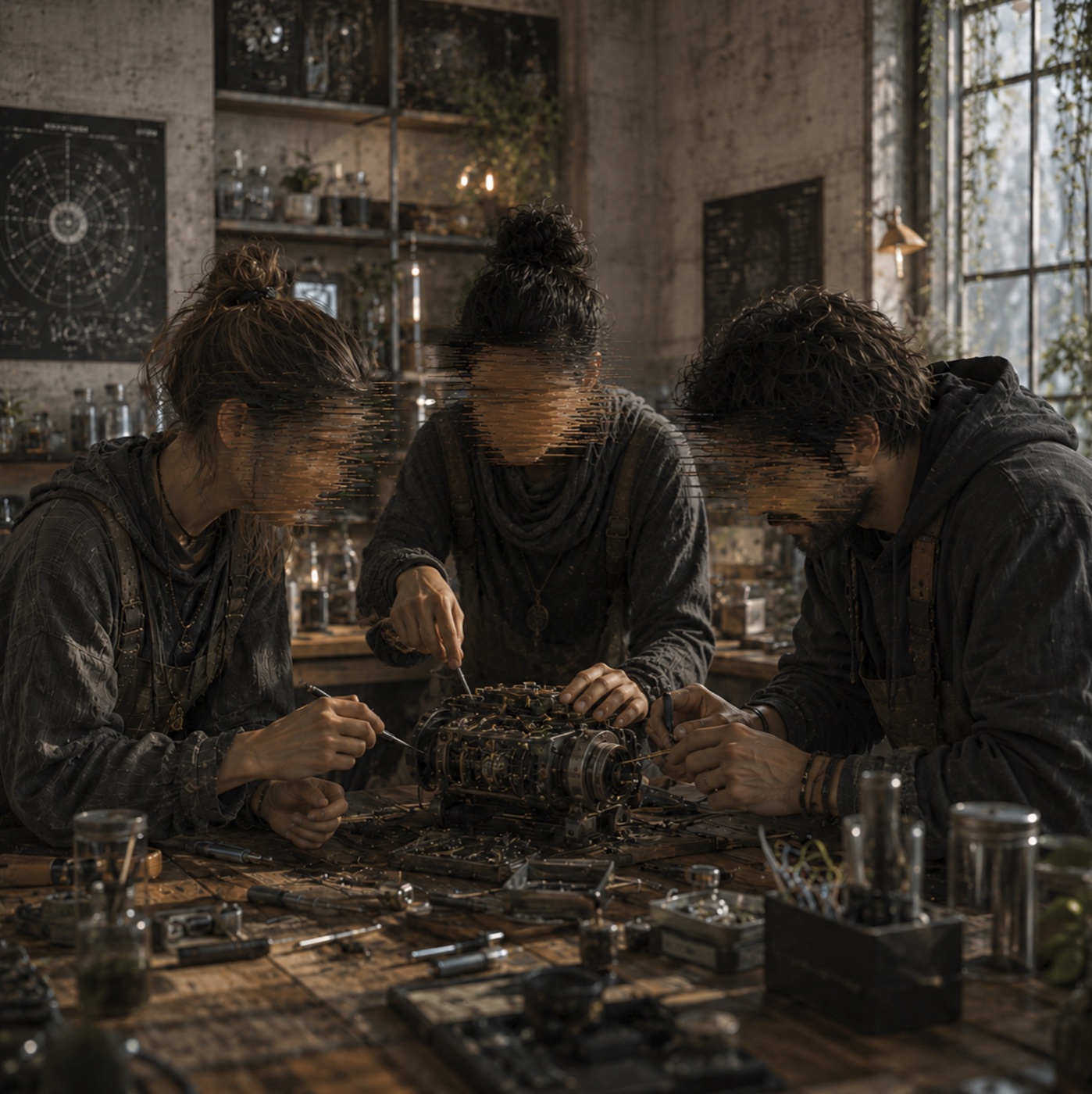 Three Station members collaborating on a mechanical research device.