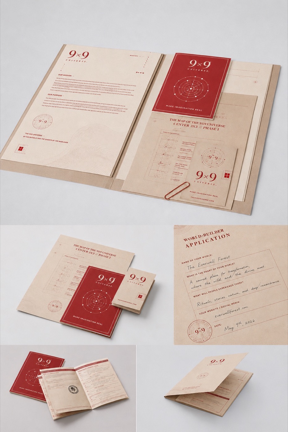 The 9x9 Universe printed world-builder kit and application materials.